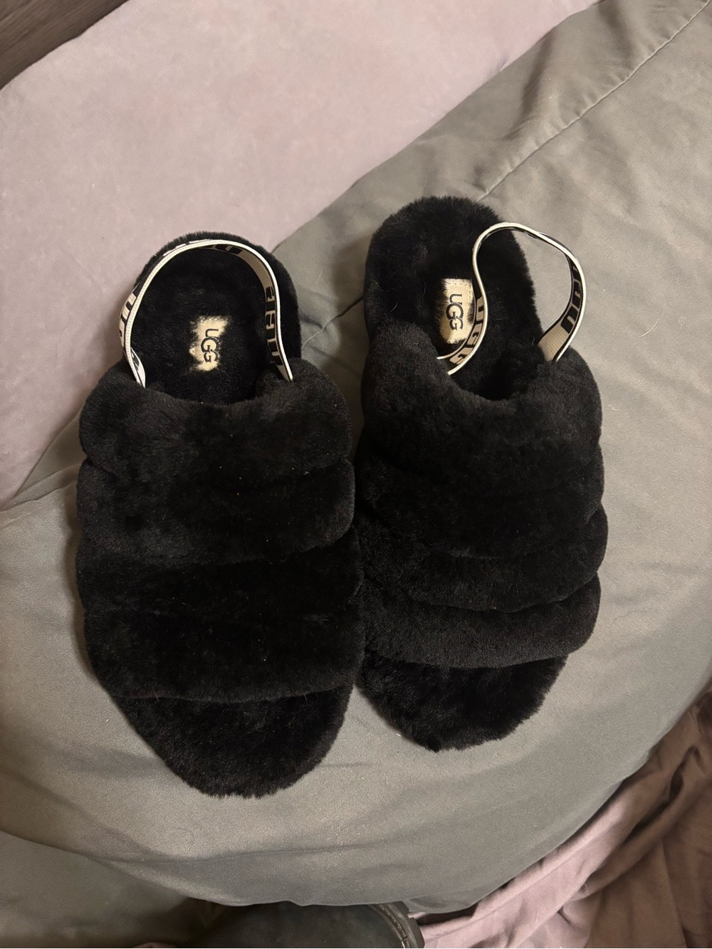UGG Black Fluff Quilted Slide with Logo Slingback